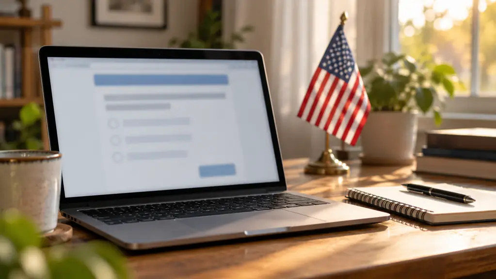 Laptop with a blurred questionnaire and a small US flag on a desk