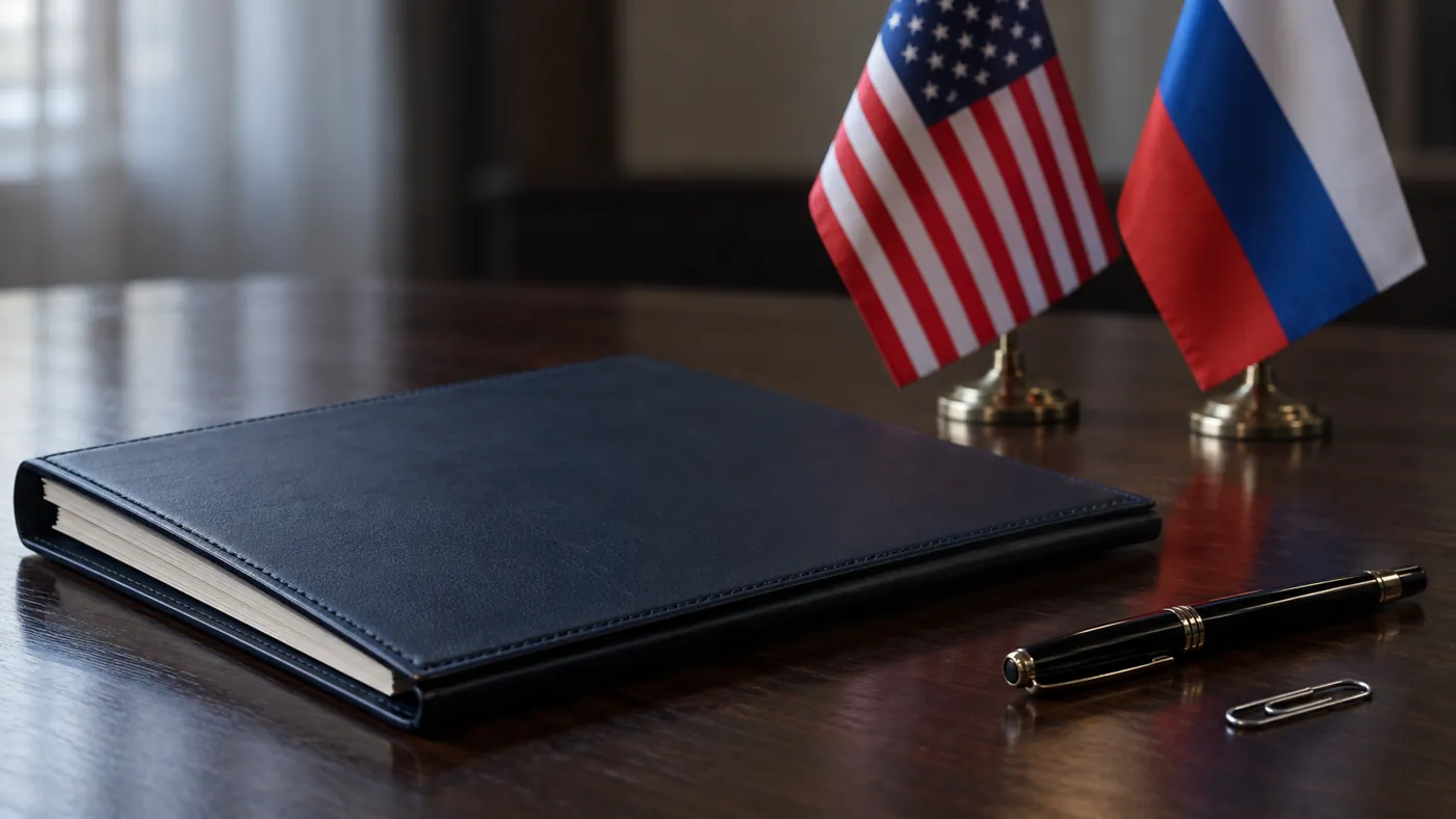 Closed document portfolio and pen on a desk, with small US and Russian flags in the background