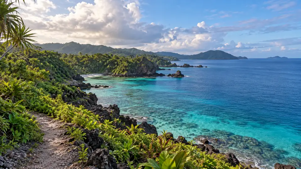 Tropical South Pacific coastline with vegetation and blue sea