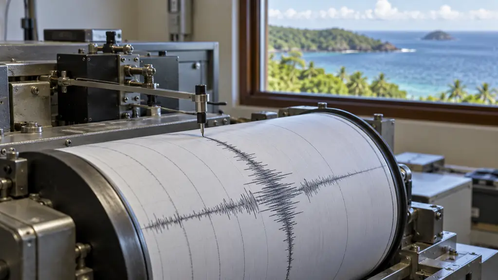 Mechanical seismograph with a paper drum and a tropical coast in the background