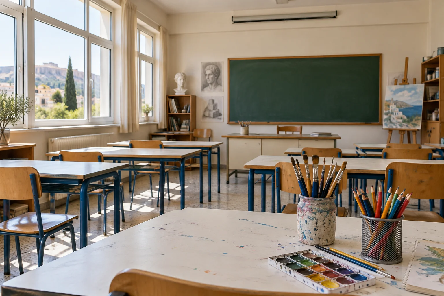 Empty school art classroom with desks and painting materials