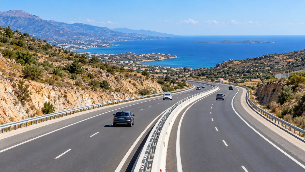 Divided motorway in a Cretan landscape