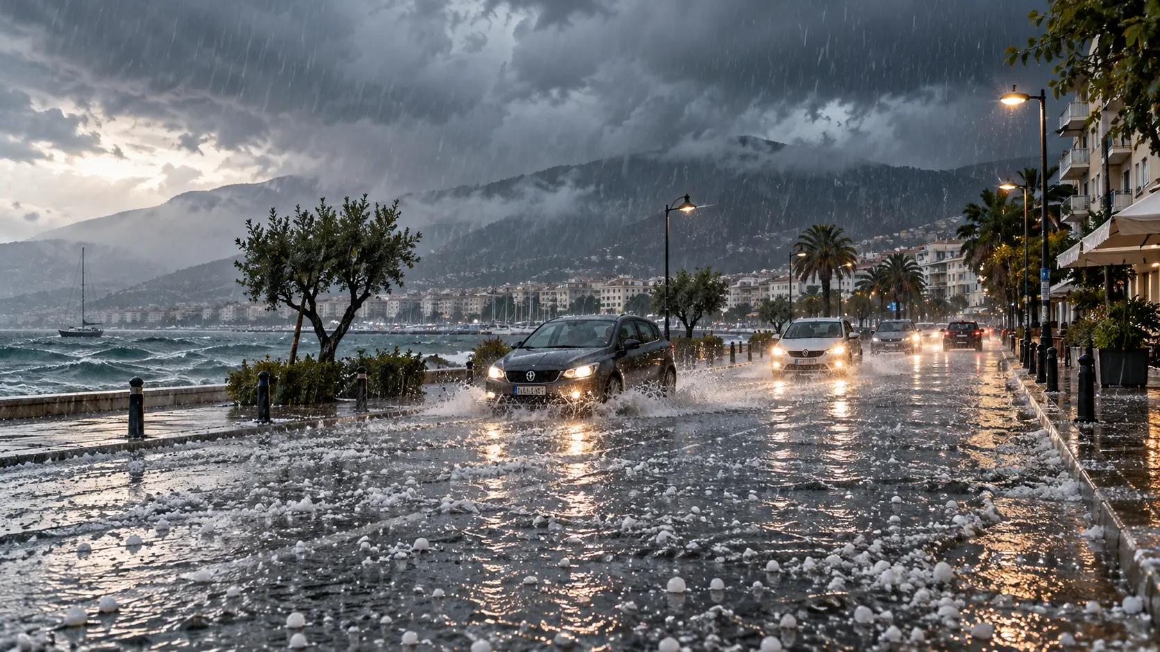 Heavy rain and hail on a coastal urban road with a mountain in the background