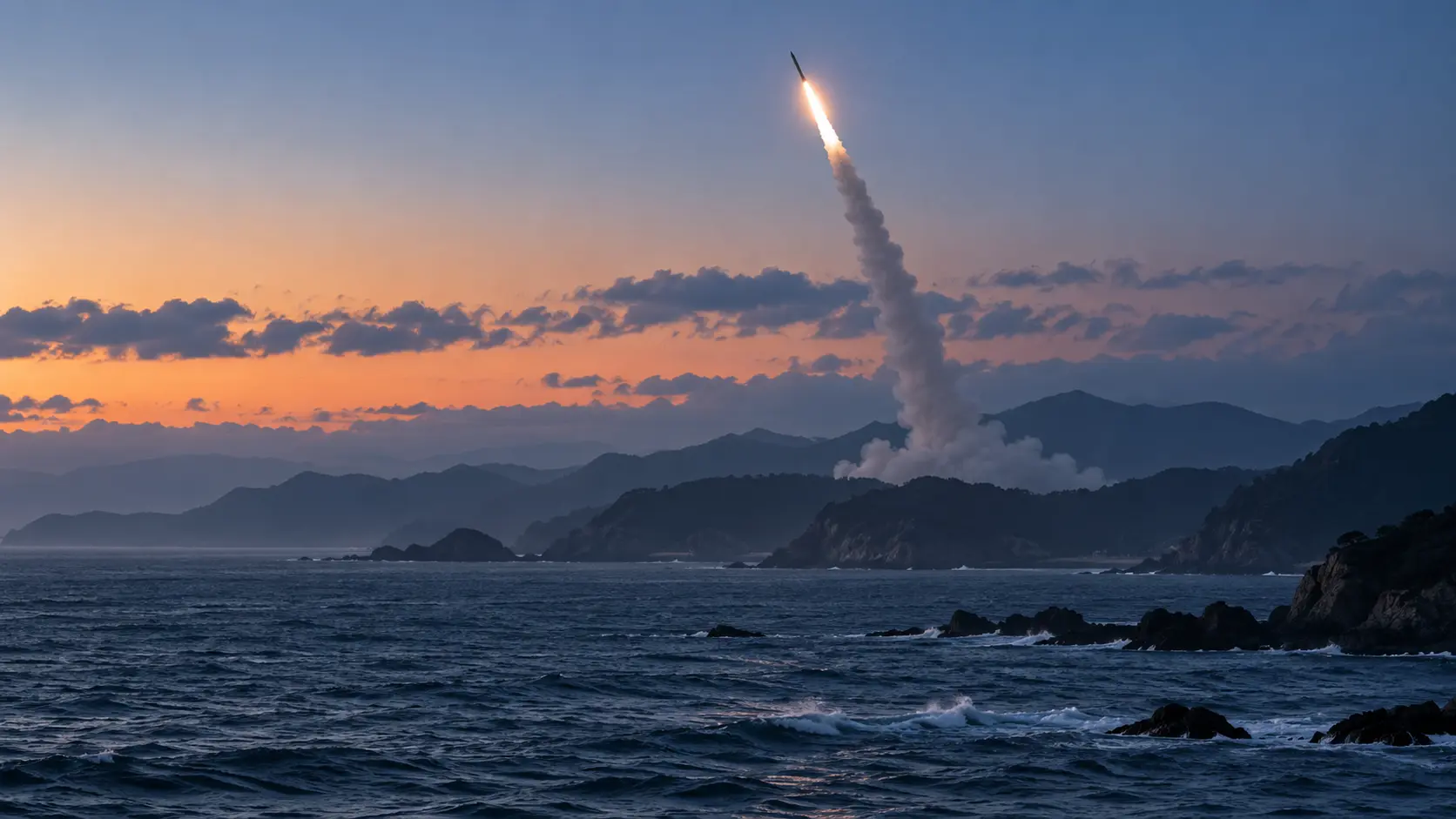 A ballistic missile rising before dawn above a mountainous coastline