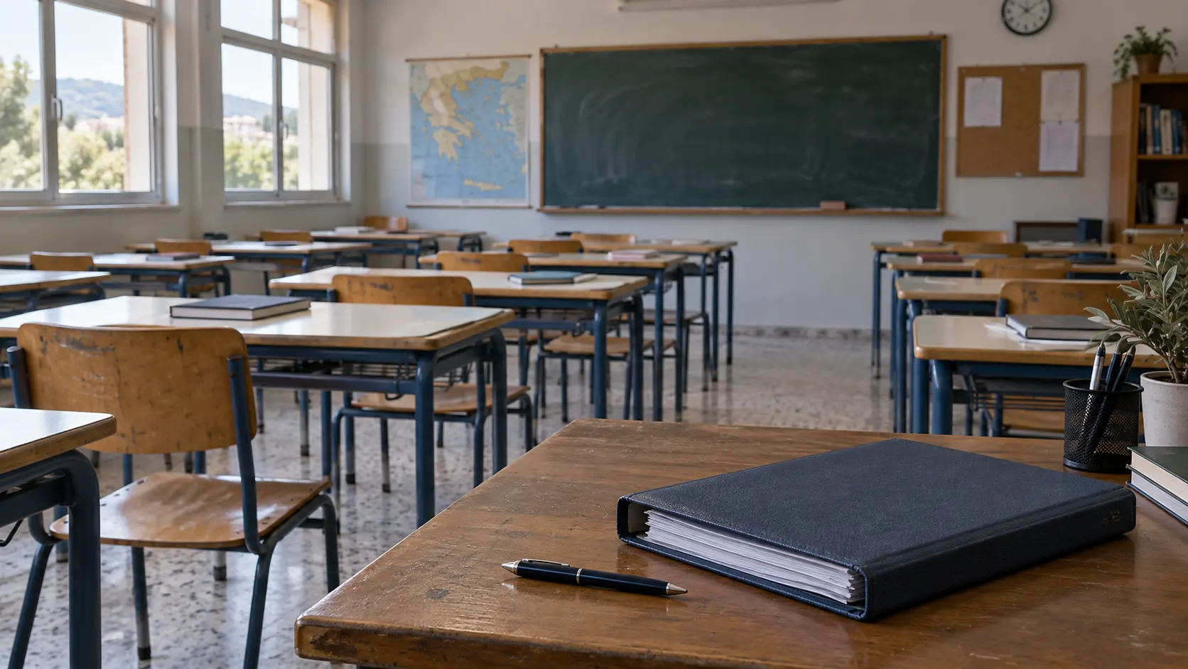 Empty generic classroom with a closed folder and pen on the teacher’s desk