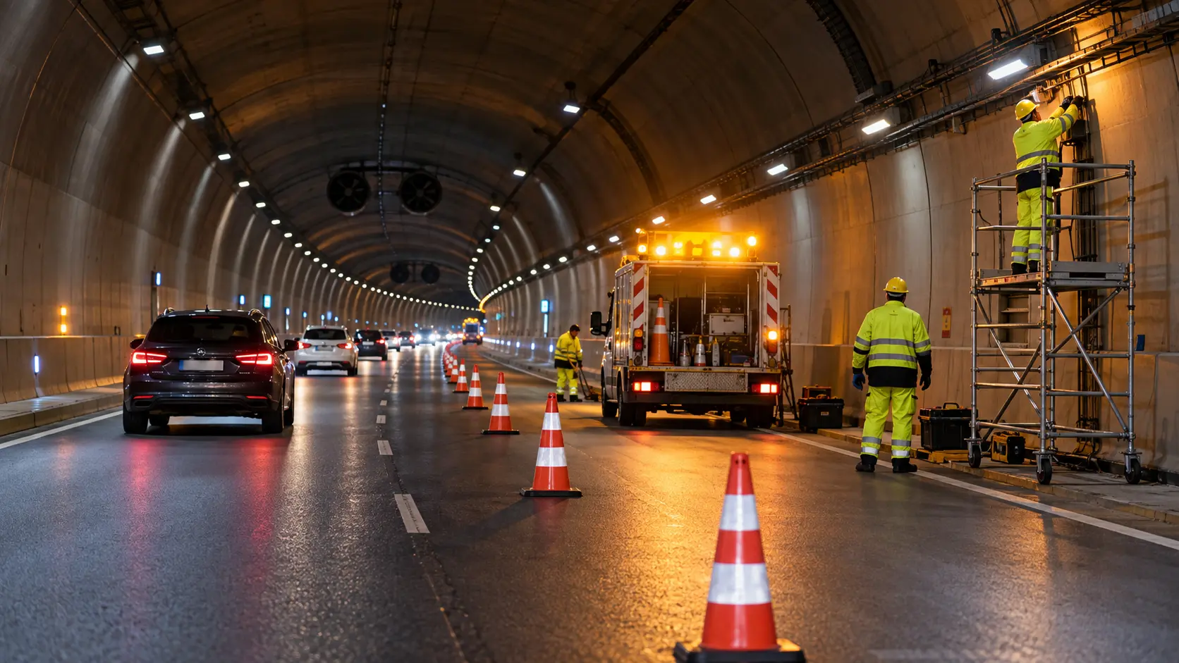 Night maintenance inside a road tunnel with one lane closed in sections