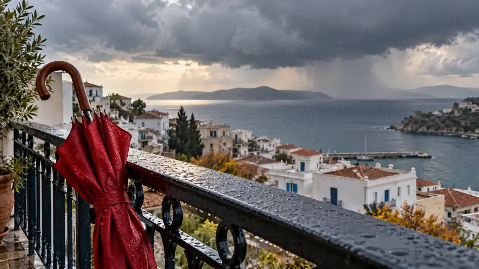 A red umbrella on a wet railing overlooking an overcast coastal town