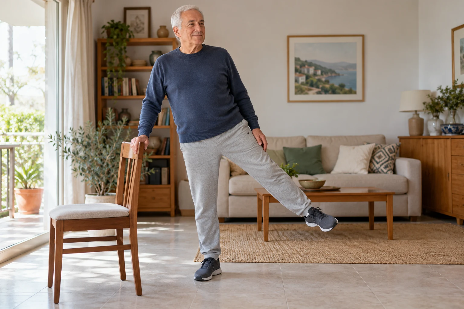 Older adult beside a stable chair for balance practice