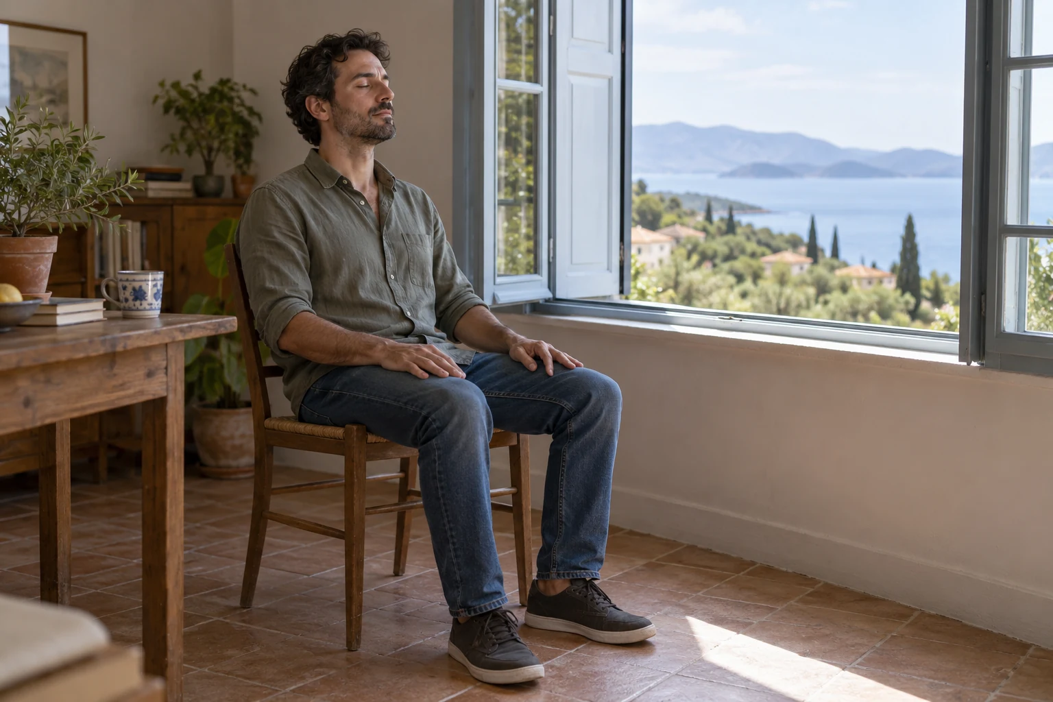Man sitting comfortably near a window for calm breathing