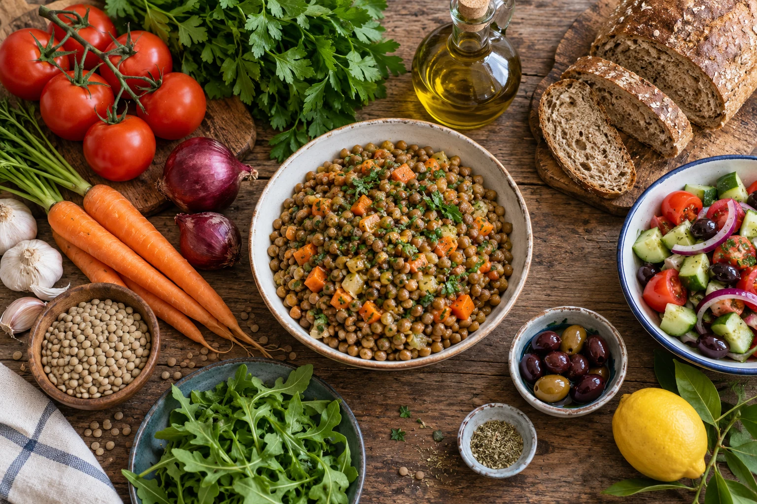 Vegetables, pulses and wholegrain bread on a table