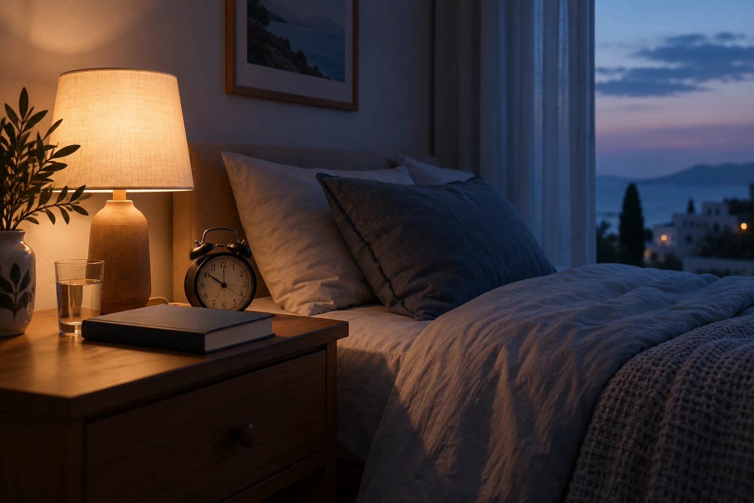 Quiet bedroom with a lamp and closed book