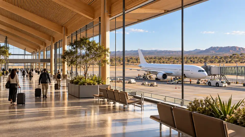 Travellers inside a modern terminal with an aircraft outside its glass facade