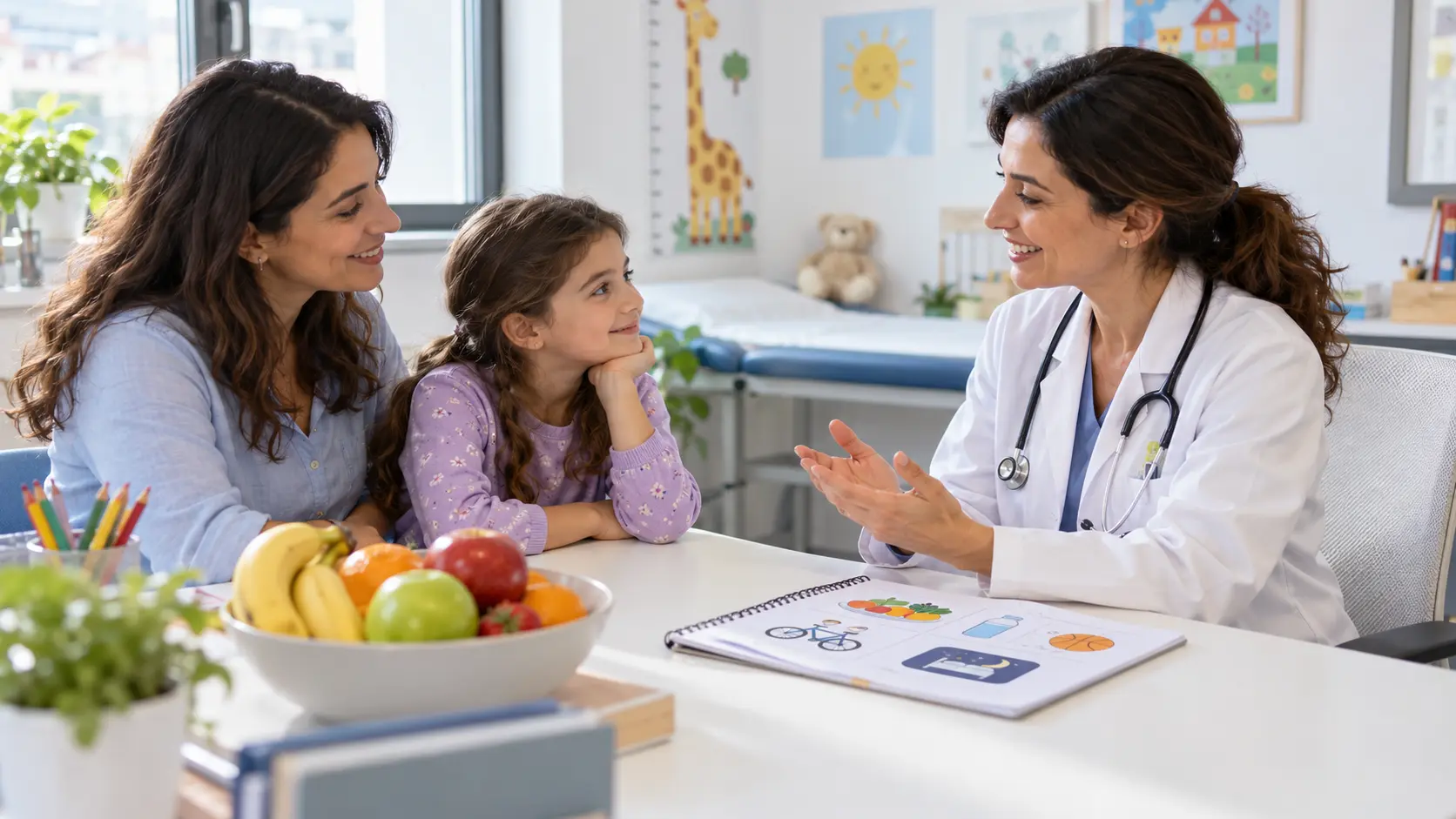 Paediatric clinician discussing nutrition and daily activity with a child and parent
