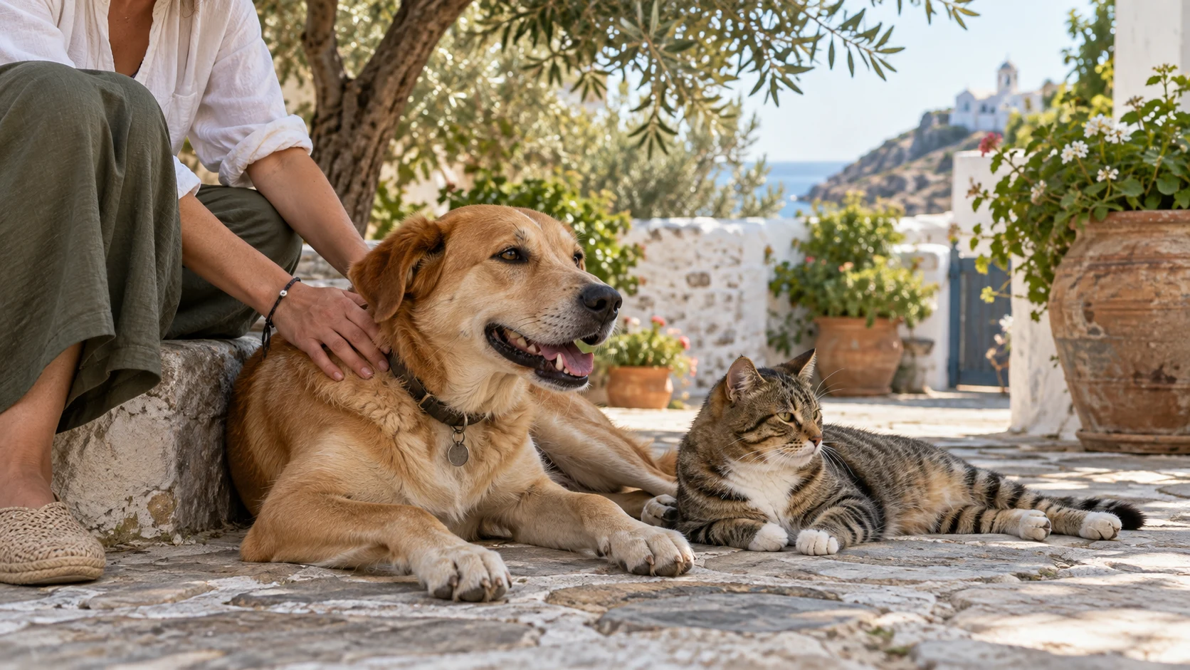 A dog and cat resting in a Greek courtyard beside their carer