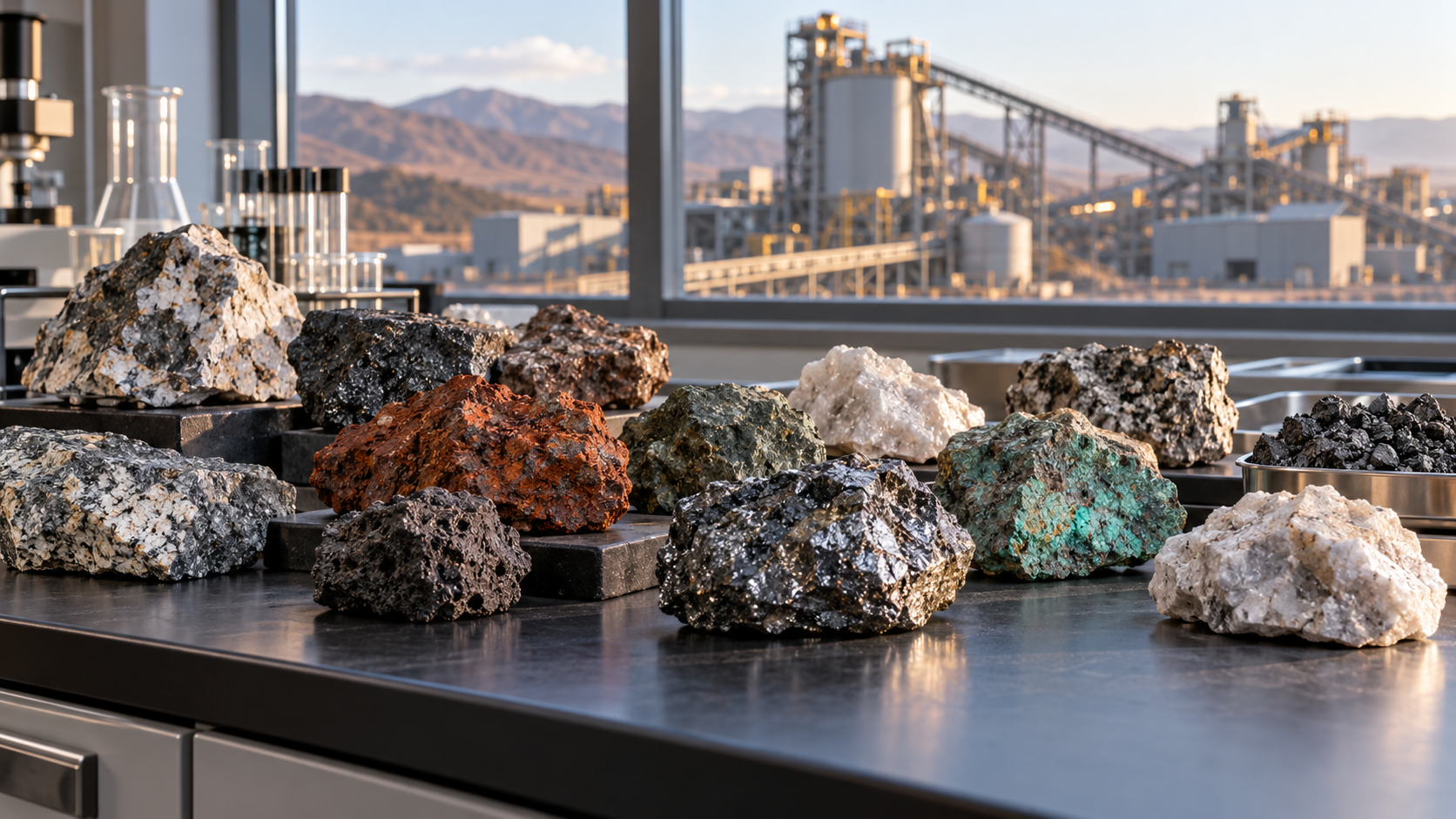 Ore samples on a laboratory bench with an industrial plant in the background
