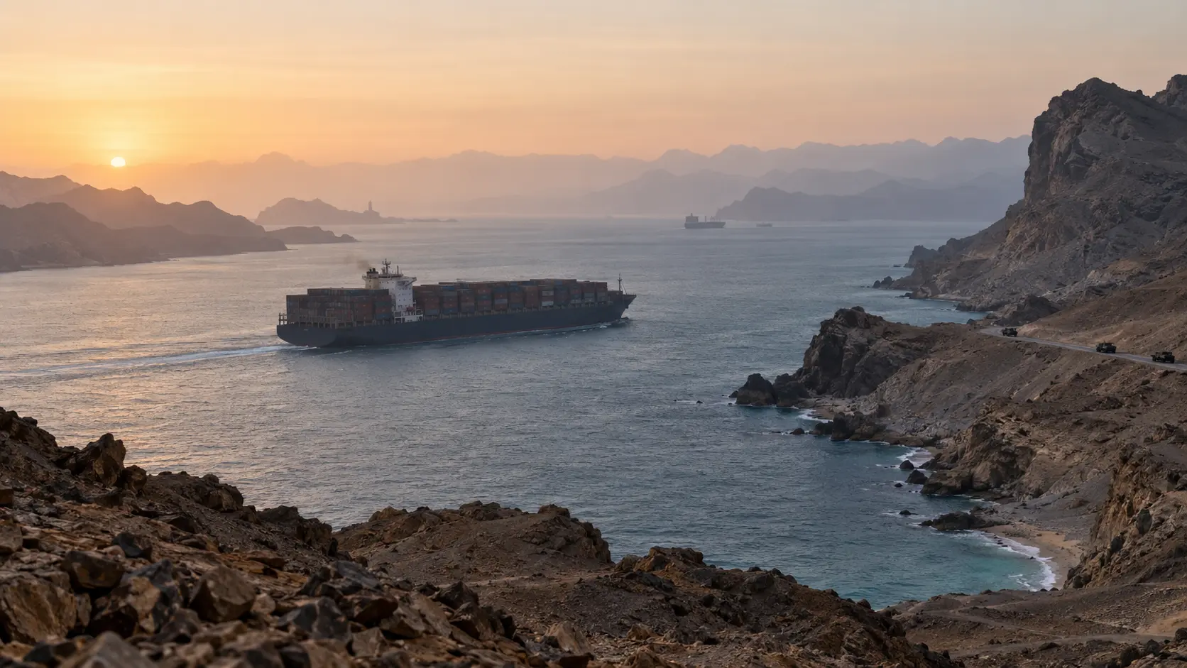 A container ship passing through a Red Sea strait beside Yemen’s rocky coast